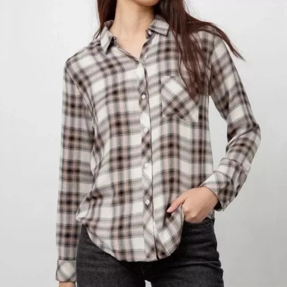 Rails Hunter Ivory Coal Blush Plaid Button Up Shirt Top Women’s XS Long Sleeve